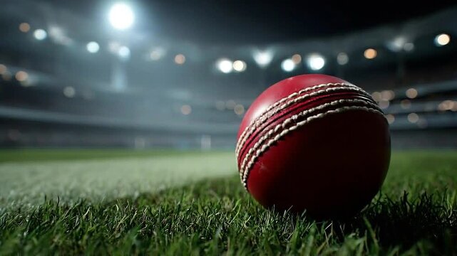 Cricket ball lying on green grass in stadium at night hd HD 4k 4K ,Red cricket ball on field under bright stadium lights hd HD 4k 4K ,Cricket ball on sports field with illuminated stadium lights hd HD