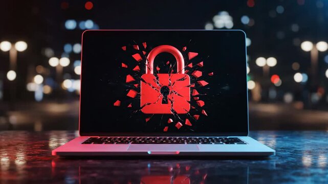 Laptop screen displays a shattered red padlock symbol symbolizing security breach against blurred city lights.