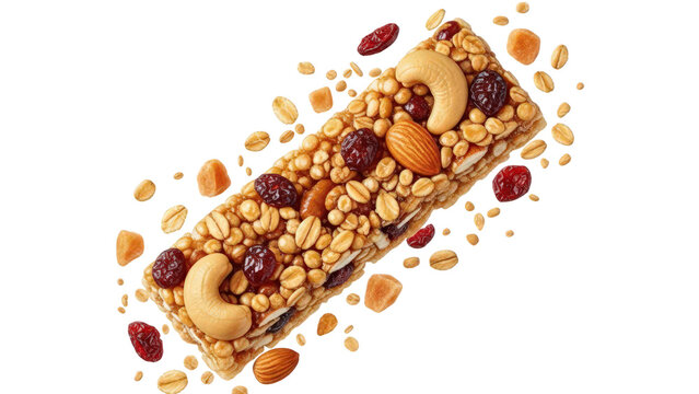 Overhead view of a delicious granola bar with various nuts, dried fruits, and oats against a transparent background