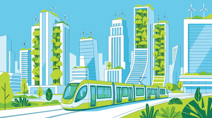 Obraz premium Eco-friendly city with green buildings and modern tram.