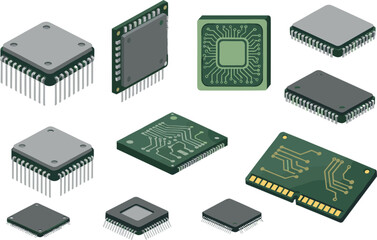 Fototapeta premium Isometric Computer Chip and Microprocessor Icon Set with CPU Hardware Integrated Circuits Memory Modules and Electronic Components for Semiconductor Technology and Computing Design