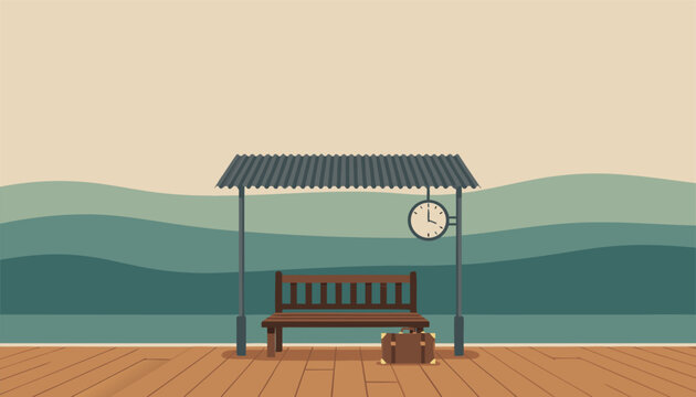Empty Train Station Platform with Bench and Clock.