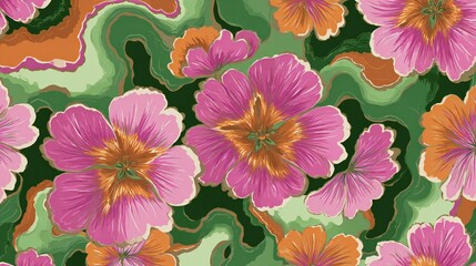 Vibrant pink petunia flowers blooming in lush green garden with soft natural lighting background
