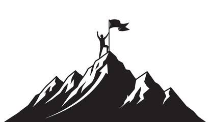 Obraz premium Silhouette of a person planting a flag on a mountain peak, symbolizing achievement, victory, and reaching goals.