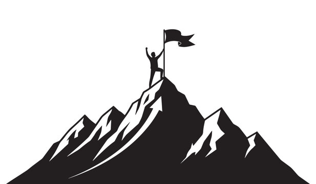 Silhouette of a person planting a flag on a mountain peak, symbolizing achievement, victory, and reaching goals.