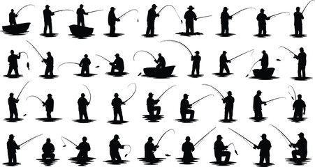 Obraz premium Fishing people silhouette collection showing men and women catching fish standing sitting kneeling in boats with rods outdoor sport activity design flat vector illustration