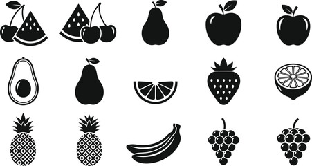 Fruit silhouette icon collection showing cherries watermelon pear apple avocado citrus strawberry pineapple banana grapes arranged in grid food design flat vector illustration © MSTRAMANA