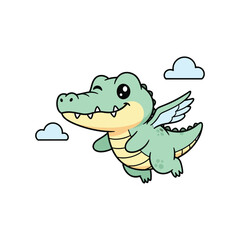 Obraz premium Cute green cartoon dragon flying with clouds happy fantasy character illustration