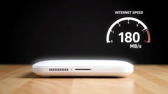 White router on wooden table displaying holographic internet speed of 180 MB s