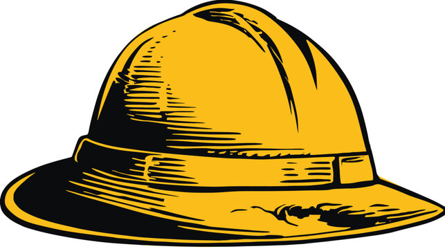 A yellow pith helmet rendered in a bold, woodcut-style illustration