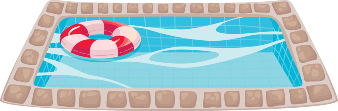 Vector summer illustration of water in a pool and a swimming ring, relaxation by the water, vacation, cartoon book picture for children, recreation area