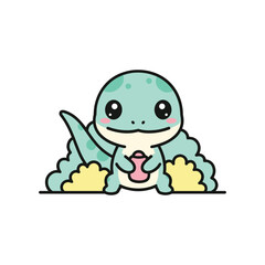 Obraz premium Cute green cartoon turtle sitting on rocks with stars holding heart in nature scene illustration