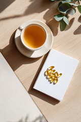 Cup of herbal tea with dietary supplement capsules on minimalist wooden desk. Wellness lifestyle, self care, healthy habits, and modern holistic concept.