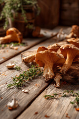 Fresh wild mushrooms on rustic wooden table with herbs. Autumn harvest, forest food, organic ingredients, and gourmet cooking concept.