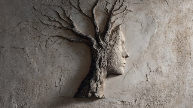 Nature and humanity fusion sculpture on rustic wall