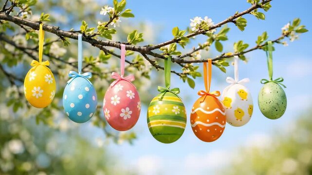 Decorated easter eggs hanging from a flowering tree branch on a beautiful spring day, gently swaying in the breeze. A festive, colorful scene celebrating the holiday season with traditional symbols