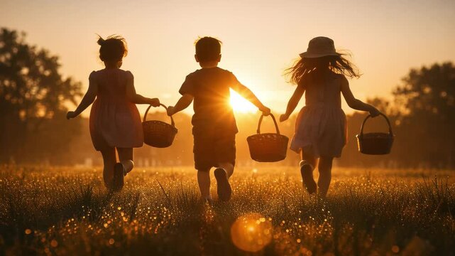 Three silhouetted children, a boy and two girls, holding hands and carrying baskets while running together through a grassy field towards the beautiful golden light of a summer sunset