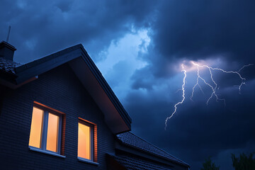 Modern house with warm glowing windows during a dramatic thunderstorm with lightning in the dark sky. Concept of safety, home protection, weather risk, and comfort against natural elements.