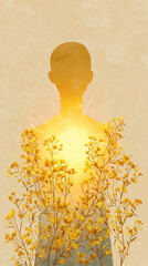 Abstract human silhouette with glowing heart chakra surrounded by yellow flowers. Concept of inner light, healing energy, spiritual growth, mindfulness, and emotional balance