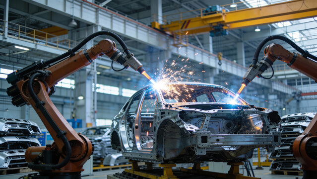Orange robotic arms perform precision welding on a car body in a modern factory, with bright sparks flying
