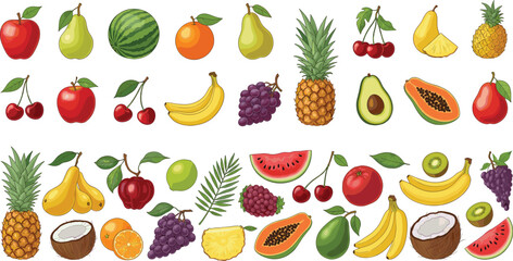 Colorful fresh fruits vector set with apple, banana, pineapple, watermelon, grapes, orange, pear and tropical food elements © Momota
