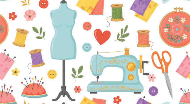 Cute sewing and embroidery vector set with mannequin, sewing machine, threads, scissors, pins and handmade craft elements