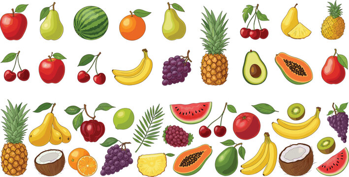 Colorful fresh fruits vector set with apple, banana, pineapple, watermelon, grapes, orange, pear and tropical food elements