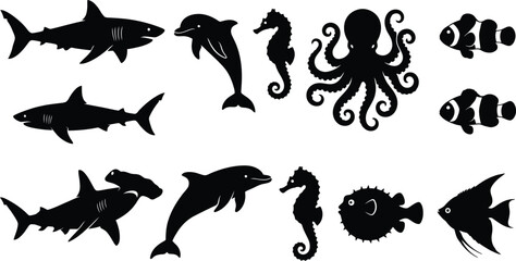 Diverse Marine Life and Ocean Creature Silhouette Collection in Vector © MH Mehedi