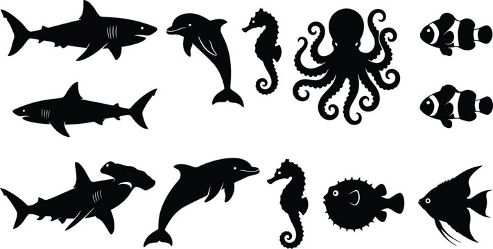 Diverse Marine Life and Ocean Creature Silhouette Collection in Vector