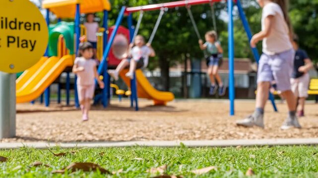 Kids playing at outdoor public park with swings and slides. Children playing outside on playground during summer day.