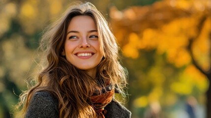 Fototapeta premium Smiling young caucasian female in autumn park with colorful foliage.
