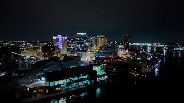 Aerial drone view of downtown Norfolk skyline at night, Virginia