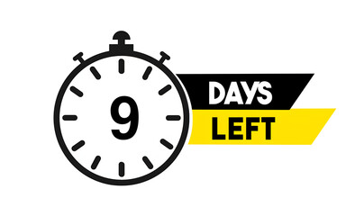 9 Days Left Countdown Timer Icon, vector illustration isolated on white background 