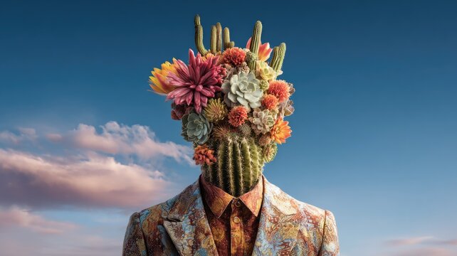 Surreal floral cactus head in vintage suit against blue sky background