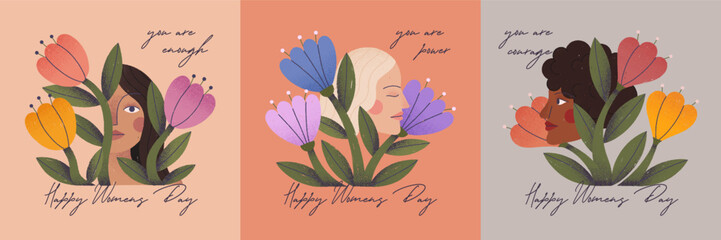 Women's Day greeting cards.Confident strong women of different cultures and nationalities sitting in flowers symbolizing feminism,women's empowerment.Girl power movement,equal rights,self care concept © Xenia Artwork 