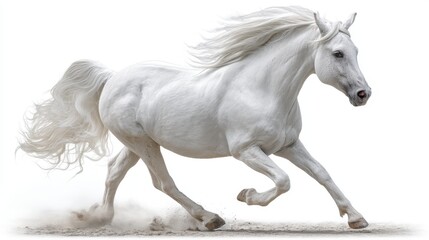 Fototapeta premium Majestic white horse running freely with flowing mane on white background.