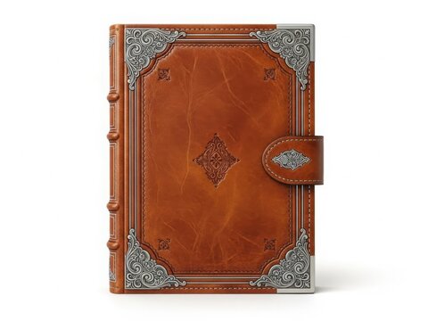 Antique leather bound book with ornate metal corners