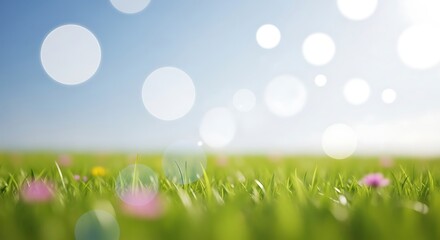 Obraz premium Spring Meadow Bokeh Fresh Green Grass, Flowers and Sunlight Background