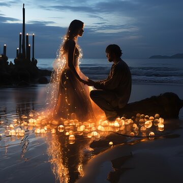 Romantic Beach Proposal with Candlelight and Glowing Dress