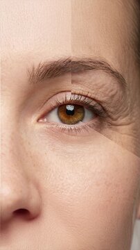 Comparison of facial rejuvenation treatment showing reduction of wrinkles and crow&rsquo;s feet, with lines and arrows indicating blepharoplasty area