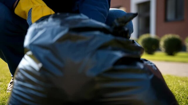 Woman in yellow gloves picks up plastic bottle from grass and puts it into black garbage bag, outdoor litter collection