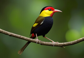 Tiny Wire-tailed Manakin perched on a branch in the Amazon rainforest