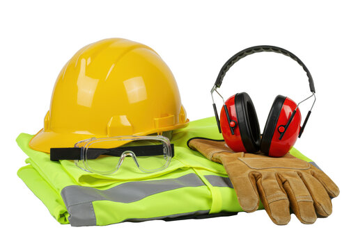 Industrial ppe set with hard hat, ear defenders, goggles, gloves, and vest on a white background with copy space. Concept of occupational health and safety