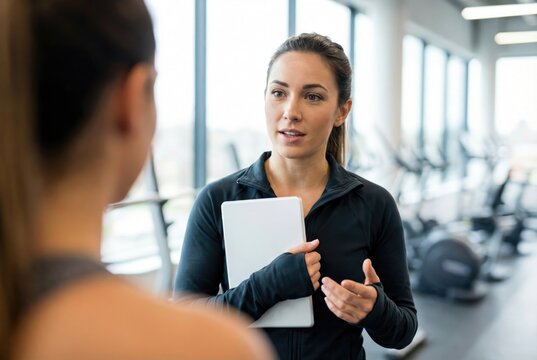 Female fitness trainer holding clipboard talking to client providing personal training consultation and guidance at gym