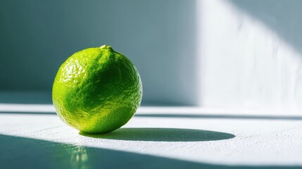 Single Green Lime Under Sunlight with Harsh Shadows on Textured White Surface for Refreshment in Simple Composition