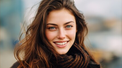 Fototapeta premium Young caucasian female with long hair smiling outdoors in warm scarf.
