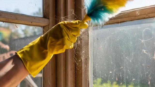 Woman in yellow glove using a colorful feather duster to remove dust and spider web from a dirty wooden window frame.