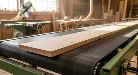 A smooth wooden plank moving along a roller conveyor belt in a modern sawmill factory.