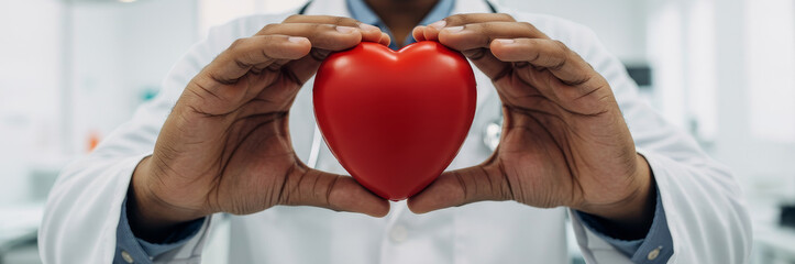 Obraz premium Smiling man doctor holding red heart for cardiology background. Healthcare concept for Valentine Day or World Heart Day. Medical assistance theme.