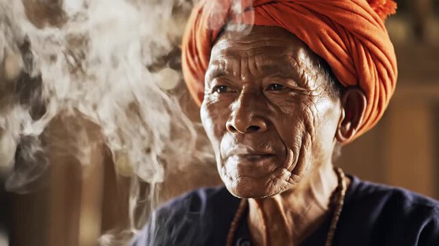 Elderly Asian Man with Orange Turban Smoking Cigar, Close-up Portrait